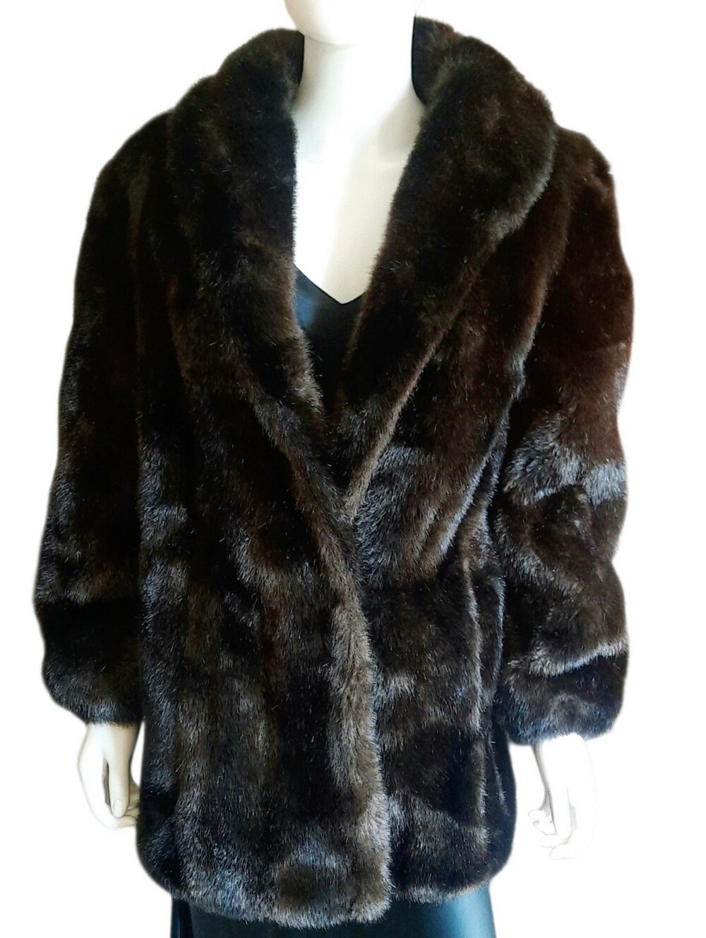 Vintage HILLMOOR NY Brown Faux Fur Mink Shawl Collar Coat Jacket w/Pockets Sz L
